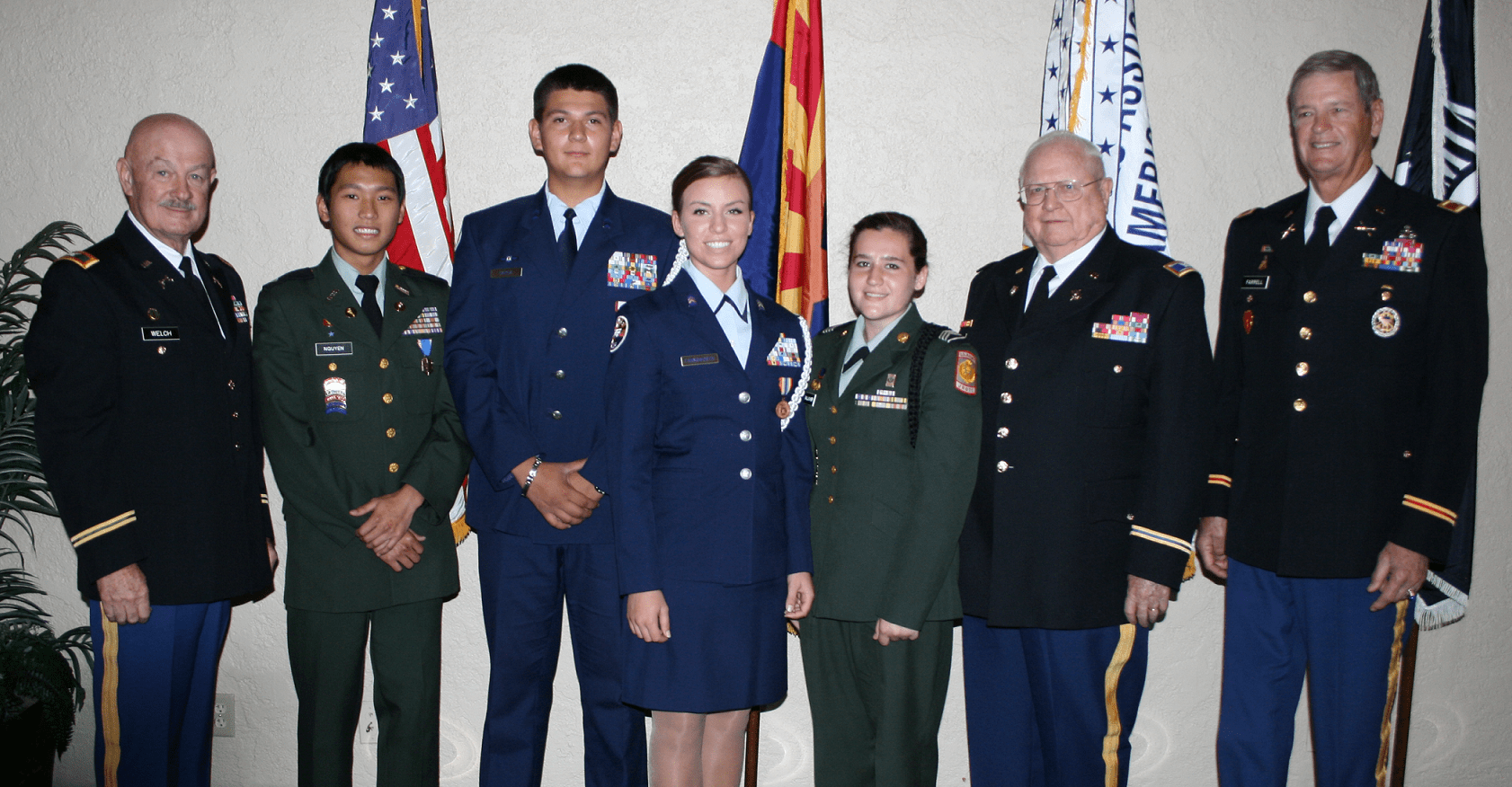 2013 Scholarship Awardees, left to right: Chapter President Colonel Rob Welch, Central HS Cadet Vu Nguyen, Sandra Day O'Connor HS Cadets Luis Garcia & Alexis Farnsworth, North HS Cadet Shelby Gallagher, Scholarship Treasurer Colonel Bill Roscher, and Scholarship Committee member Colonel Rance Farrell.